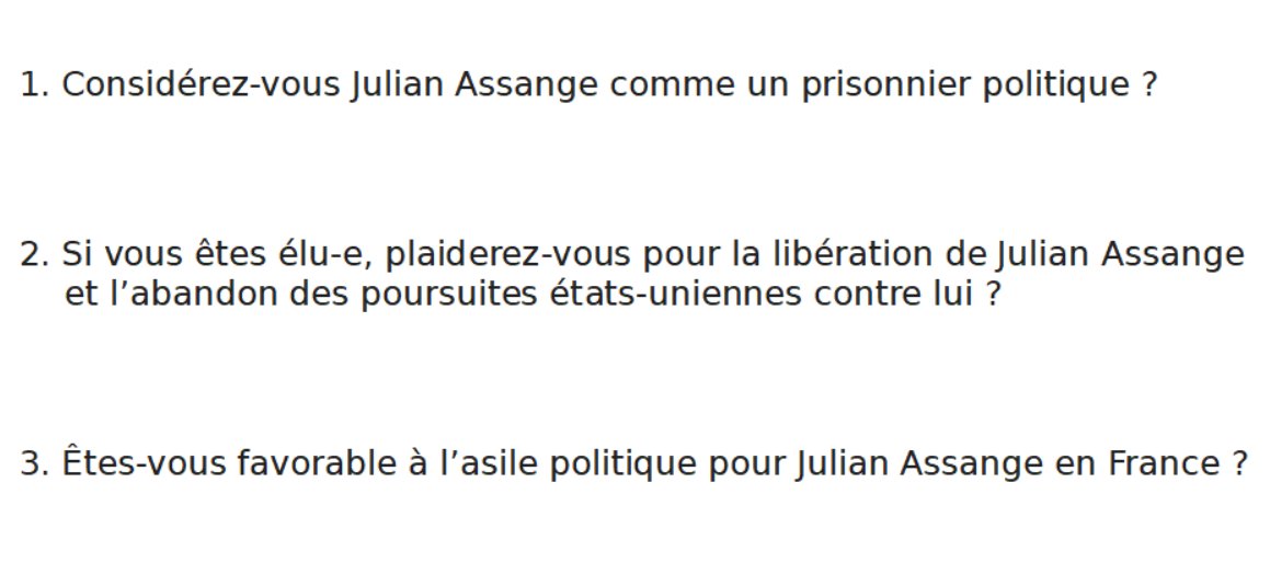 Nous venons d’adresser aux 38 listes 🇫🇷 candidates aux élections #Européennes2024 (8-9 juin) les trois questions ci-dessous à propos du cas Julian #Assange.👇 Nous rendrons publiques les réponses (et les non-réponses). #FreeAssangeNOW