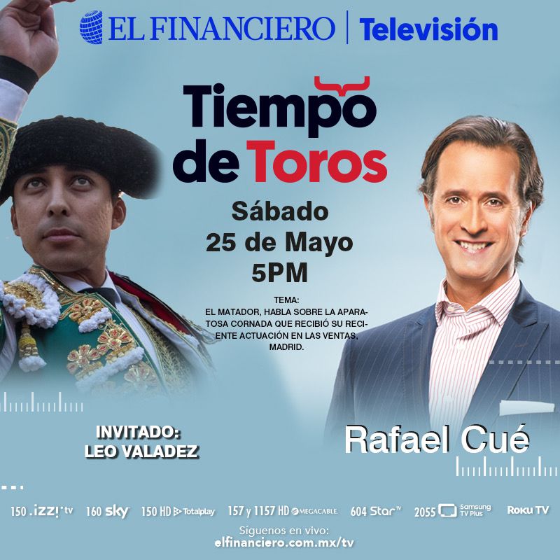 #TiempoDeToros | Este sábado @rafaelcue conversa con Leo Valadez, quien habla sobre su recuperación tras sufrir una lesión en su faena en la Plaza de Las Ventas, Madrid. ¡No te pierdas la entrevista! Este sábado, 5 p.m. por #ElFinancieroTV ➡️ bit.ly/3hPyG9M