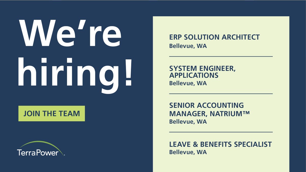 Exciting opportunities await at TerraPower! Join us in powering the future. ERP Solution Architect: terrapower.com/contact-us/car… System Engineer: terrapower.com/contact-us/car… Senior Accounting Manager: terrapower.com/contact-us/car… Leave & Benefits Specialist: terrapower.com/contact-us/car…