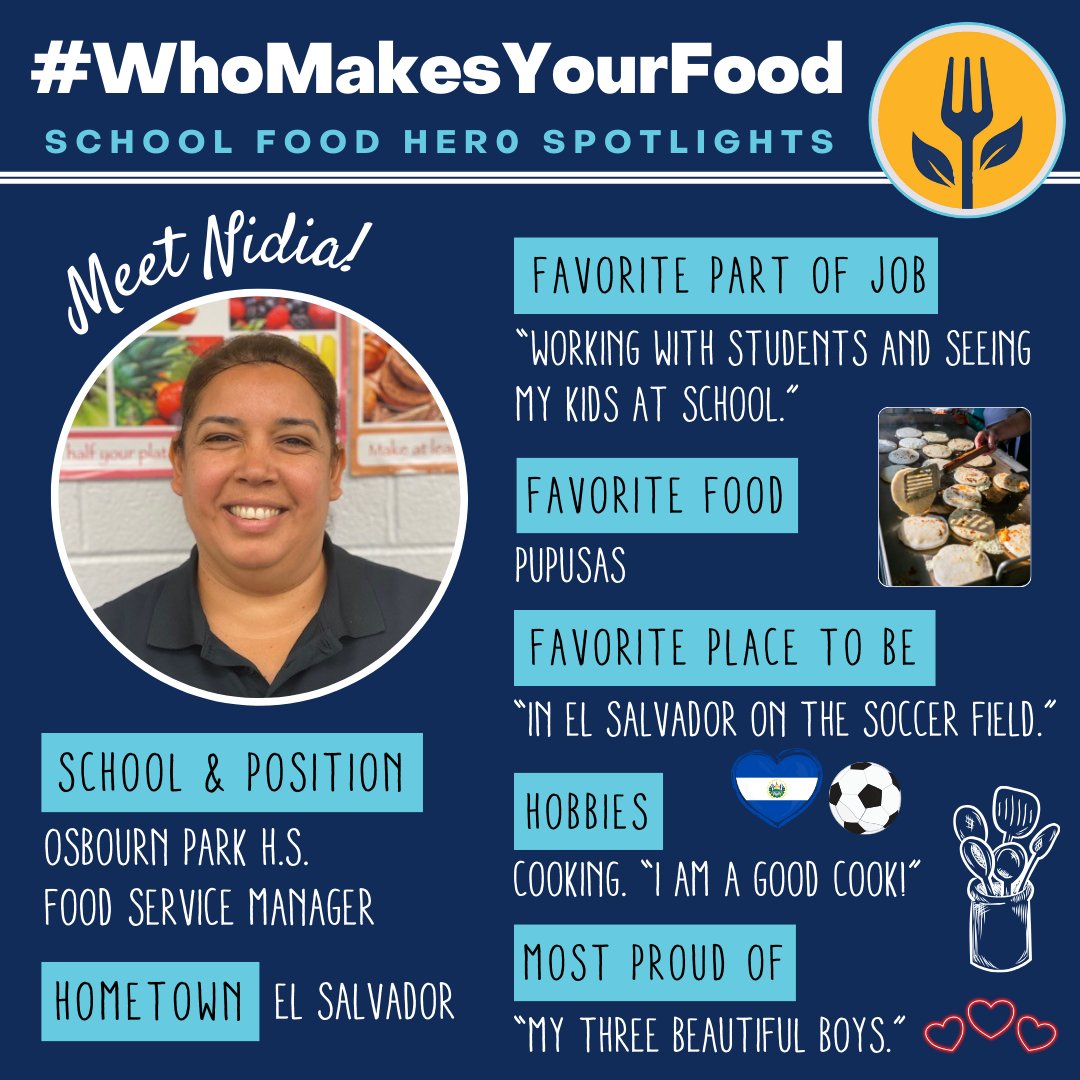 Meet Nidia Bruno, our Manager at @OsbournParkHS! Also known as “Mama Goose” by students, Nidia has been #ServingTheFuture at @PWCSNews for 16 years!! #WhoMakesYourFood #WeServeTheFuture #SchoolLunchHero #NoKidHungry