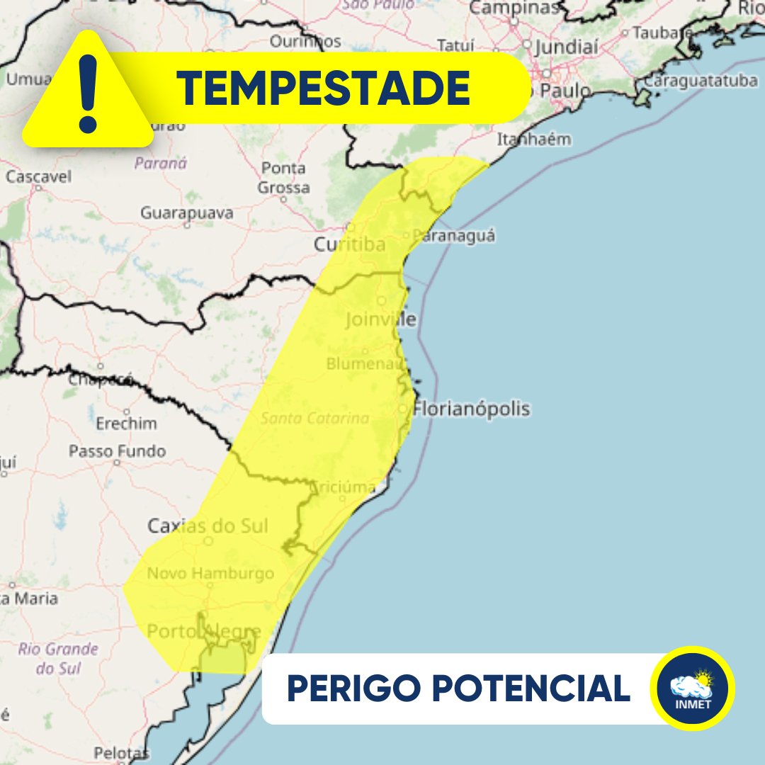 ⚠◻ #Atenção: Previsão de tempestade, hoje (24), em áreas do RS, SC, PR e SP. O volume total de chuva pode chegar a 50 milímetros (mm) em 24h, com ventos de até 60 km/h e queda de granizo. 🟡 Confira o aviso amarelo (perigo potencial) 👉 alertas2.inmet.gov.br/47515 #tempestade