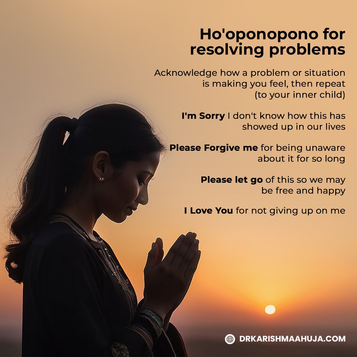 Ho'oponopono helps resolve problems and restore inner peace. Acknowledge your feelings and say to your inner child: 'I'm sorry,' 'Please forgive me,' 'Thank you,' 'I love you.' Clear negative energy and invite healing. Start your journey: drkarishmaahuja.com/product/hoopon… #drkarishmaahuja