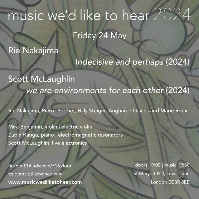 Tonight, at @mwlth, 7:30 at St Mary-at-Hill, London: @ZubinKanga, @mugloch and @mirabenjy launch their new album, 'we are environments for each other'. An entangled system of Mira's electric violin playing Zubin's piano via electromagnet. musicwedliketohear.com/2024m.html