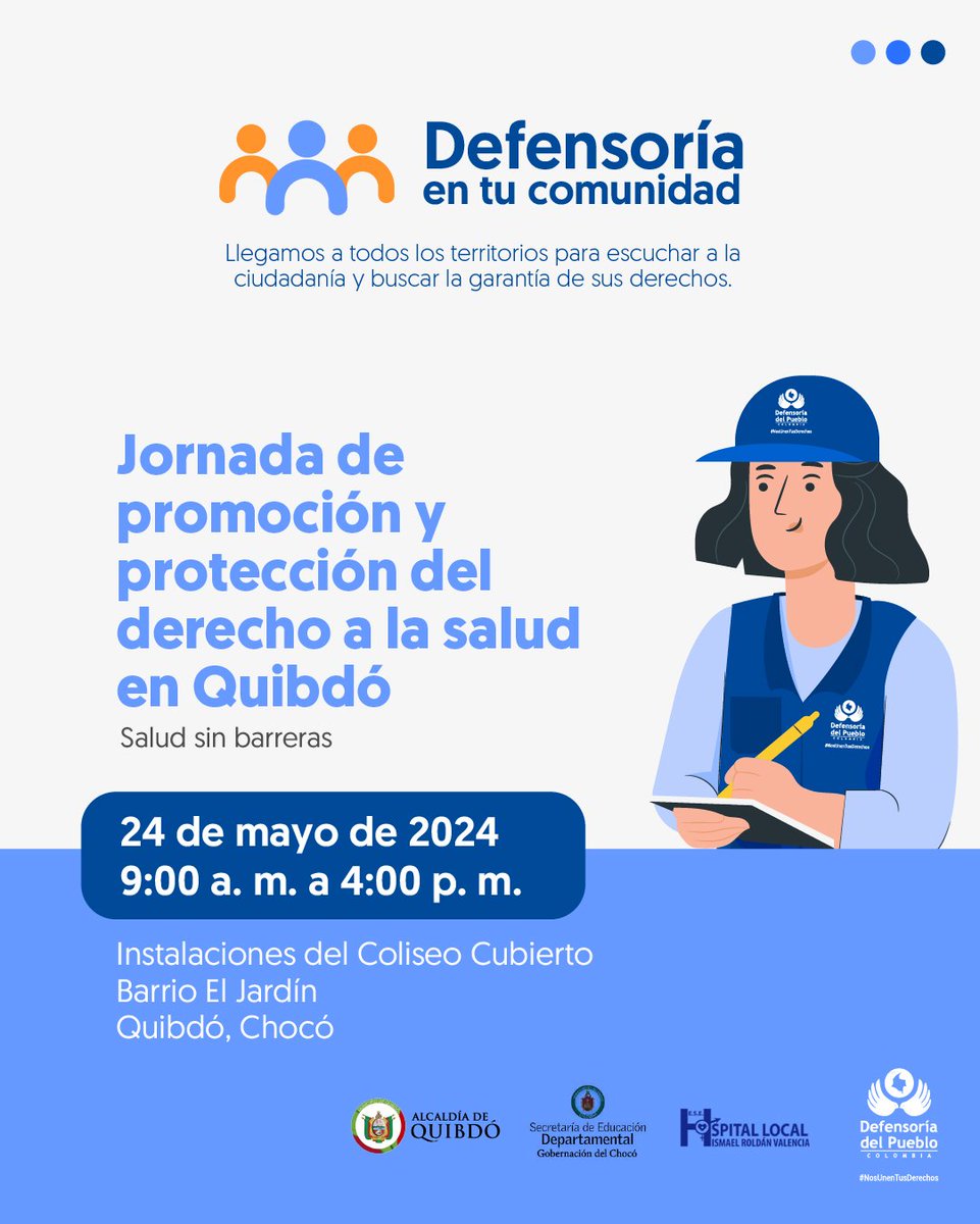 ¡Es hoy! Nuestra #DelegadaSalud, con el apoyo de la @AlcaldiaQuibdo y la Secretaría de Educación, realizarán jornada de promoción y divulgación del derecho a la salud en #Quibdó, #Chocó. ¡Te esperamos! 🗓️ Mayo 24 ⏰ 9:00 a. m. a 4:00 p. m. 📍Coliseo Cubierto, Barrio El Jardín