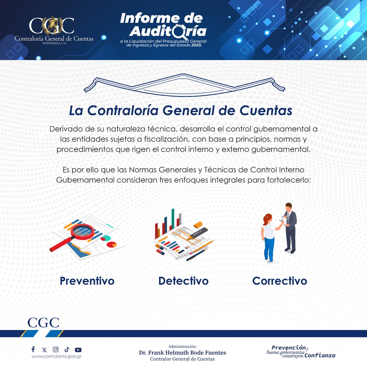 Contraloria_gt's tweet photo. 🔎📊 La #CGC, derivado de su naturaleza técnica, desarrolla el #ControlGubernamental a las entidades sujetas a fiscalización, con base a principios, normas y procedimientos que rigen el #ControlInterno y externo gubernamental. https://t.co/hsXWt1MwM2