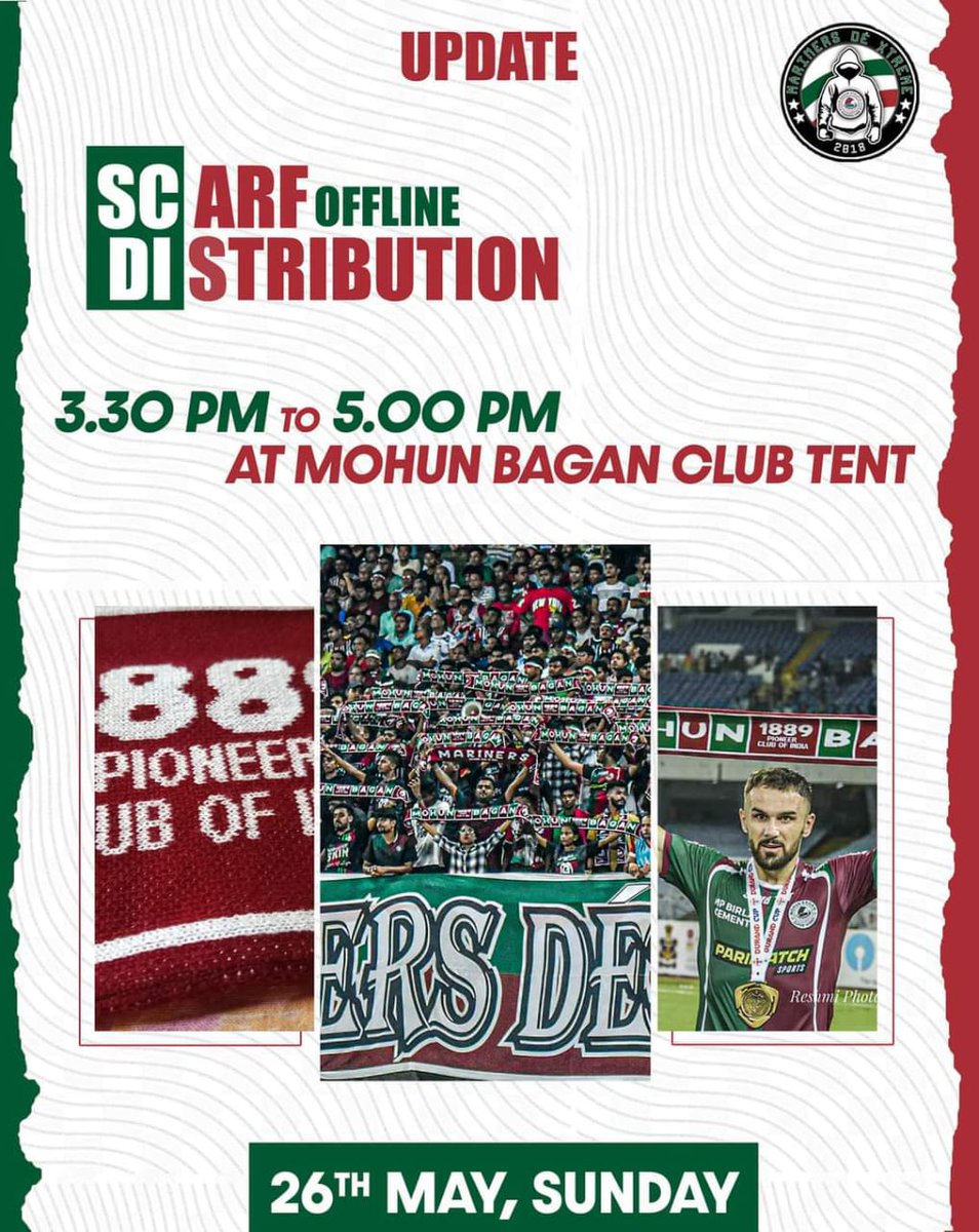 #Update Collect your prebooked MDX scarves from Mohun Bagan ground on 26th May, Sunday ( 3: 30 pm to 5 :00 pm) 😍 For booking contact: +91 85090 44912 ( WhatsApp only) 📱 Let's make the gallery more beautiful 💚❤️ #GreenMaroonloyalUltras #UltrasMohunBagan #MBAC1889