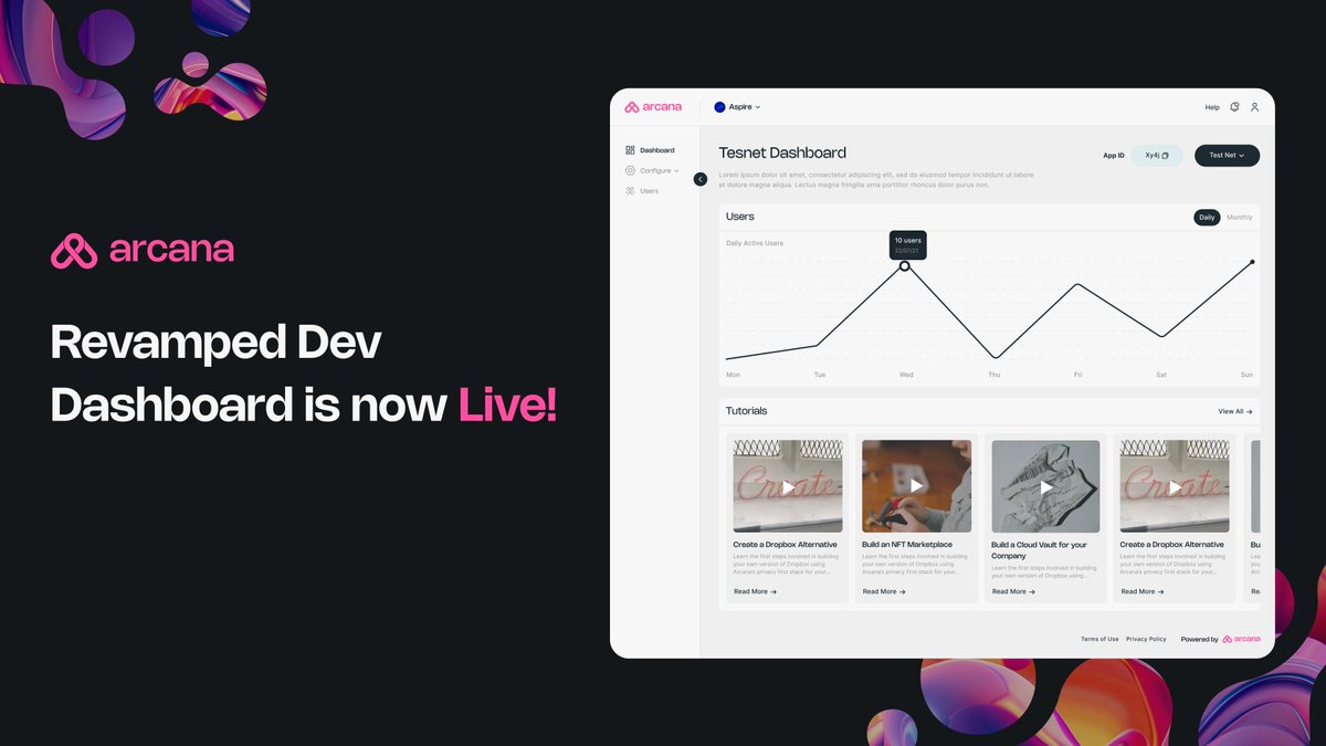 New day, new revamp!🔥

Our Dev Dashboard got a fresh new look! Here’s what’s new:

😎Sleek New Branding: Enjoy a modern, intuitive design
💫Enhanced Developer Experience: Navigate with ease and efficiency
⌛️2x Faster UI: Get more done in half the time

🔗dashboard.arcana.network