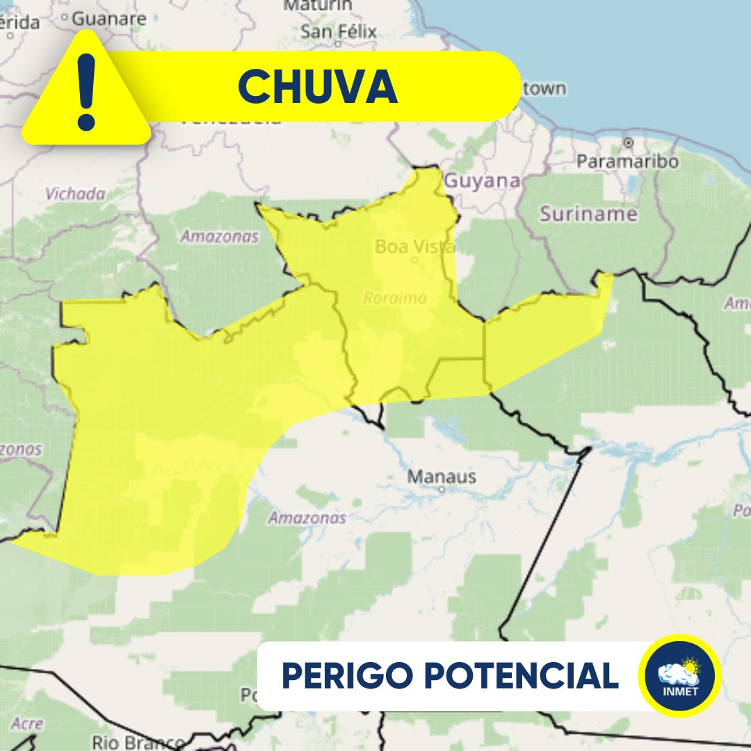 ⚠ #Atenção: Previsão de chuvas intensas, hoje (24) e amanhã (25), em áreas do PA, RR e AM. O volume total de chuva pode chegar a 50 milímetros (mm) em 24h, com ventos de até 60 km/h. 🟡 Confira o aviso amarelo (perigo potencial) 👉 alertas2.inmet.gov.br/47520 #chuva #vento