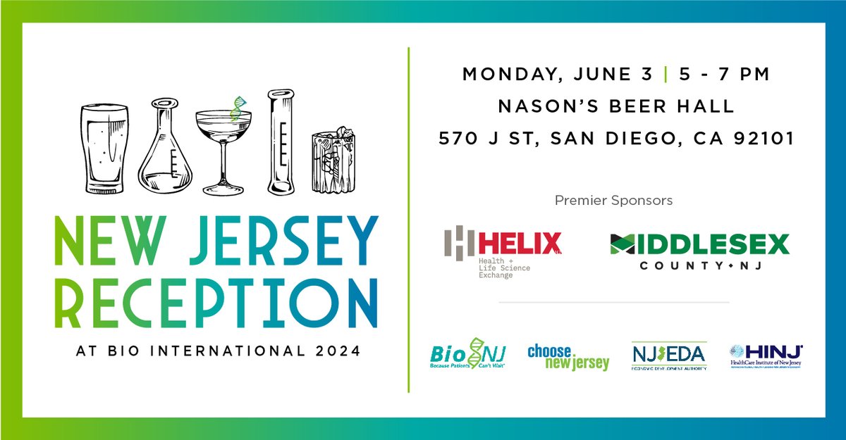 Headed to BIO International? We’d love to see you at our New Jersey Reception, sponsored by @helixnj, @middlesexcntynj, and @HINJ_ORG! #BIO2024 ✒️ RSVP here: bit.ly/4dS9Uhi ➕ @NewJerseyEDA, @IAmBiotech