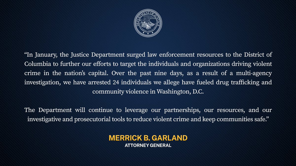 Justice Department Announces Multiple Drug and Firearms Arrests Arrests Part of Justice Department’s Surge in Resources to Fight #ViolentCrime in Washington, D.C. 🔗: justice.gov/opa/pr/justice…