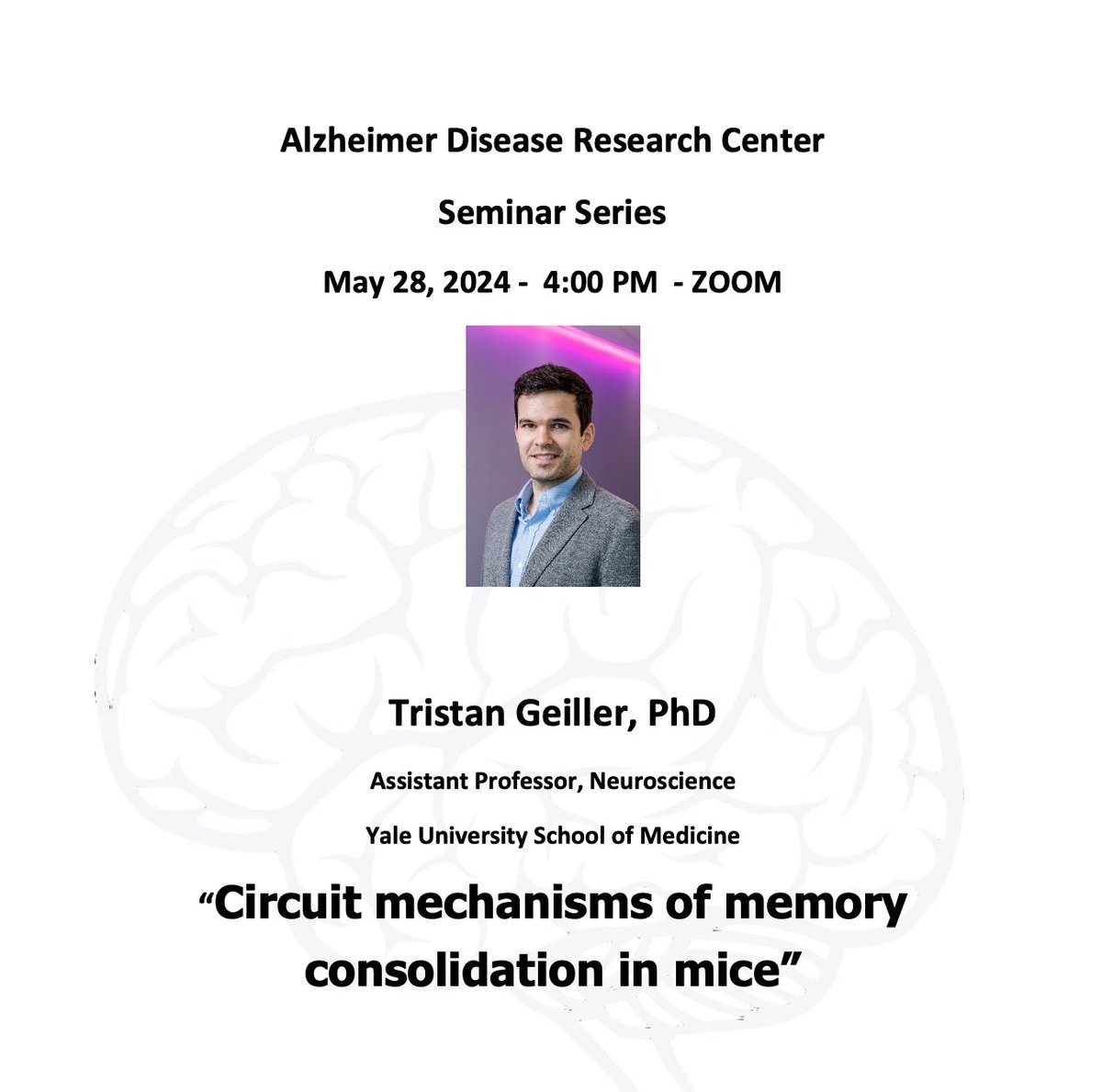 Yale Neuroscience (@yaleneuro) on Twitter photo On Tuesday, May 28 at 4pm π, <a href="/tgeiller/">Tristan Geiller</a>, assistant professor at <a href="/YaleNeuro/">Yale Neuroscience</a>, will speak on the "Circuit mechanisms of memory consolidation in mice" as part of the #Alzheimers Disease Research Center Seminar Series π§ π
**This seminar is limited to <a href="/Yale/">Yale University</a> affiliates** On Tuesday, May 28 at 4pm π, <a href="/tgeiller/">Tristan Geiller</a>, assistant professor at <a href="/YaleNeuro/">Yale Neuroscience</a>, will speak on the "Circuit mechanisms of memory consolidation in mice" as part of the #Alzheimers Disease Research Center Seminar Series π§ π
**This seminar is limited to <a href="/Yale/">Yale University</a> affiliates**