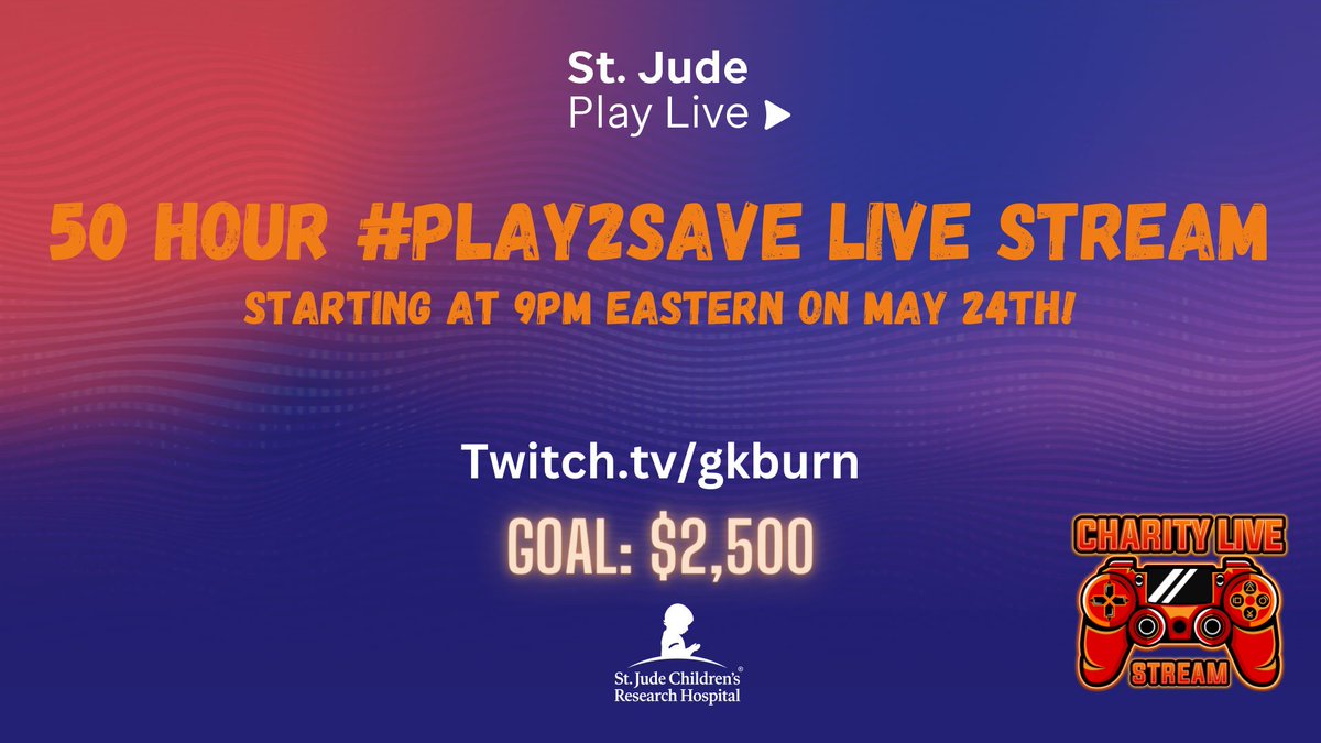 GKburn (@gkburngaming) on Twitter photo 12 Hours until we start! Swing by our biggest event of the year for <a href="/StJudePLAYLIVE/">St. Jude PLAY LIVE</a> !
Our #Play2Save Charity Live Stream will be starting at 9PM EST tonight with some Plundering on <a href="/SeaOfThieves/">Sea of Thieves</a> . Stop by, say hi, and help us raise money for a great organization! 12 Hours until we start! Swing by our biggest event of the year for <a href="/StJudePLAYLIVE/">St. Jude PLAY LIVE</a> !
Our #Play2Save Charity Live Stream will be starting at 9PM EST tonight with some Plundering on <a href="/SeaOfThieves/">Sea of Thieves</a> . Stop by, say hi, and help us raise money for a great organization!