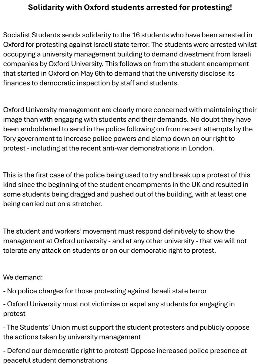 Solidarity with the Oxford students arrested for protesting!

Our statement on the arrests of students arrested in Oxford for protesting Israeli state terror