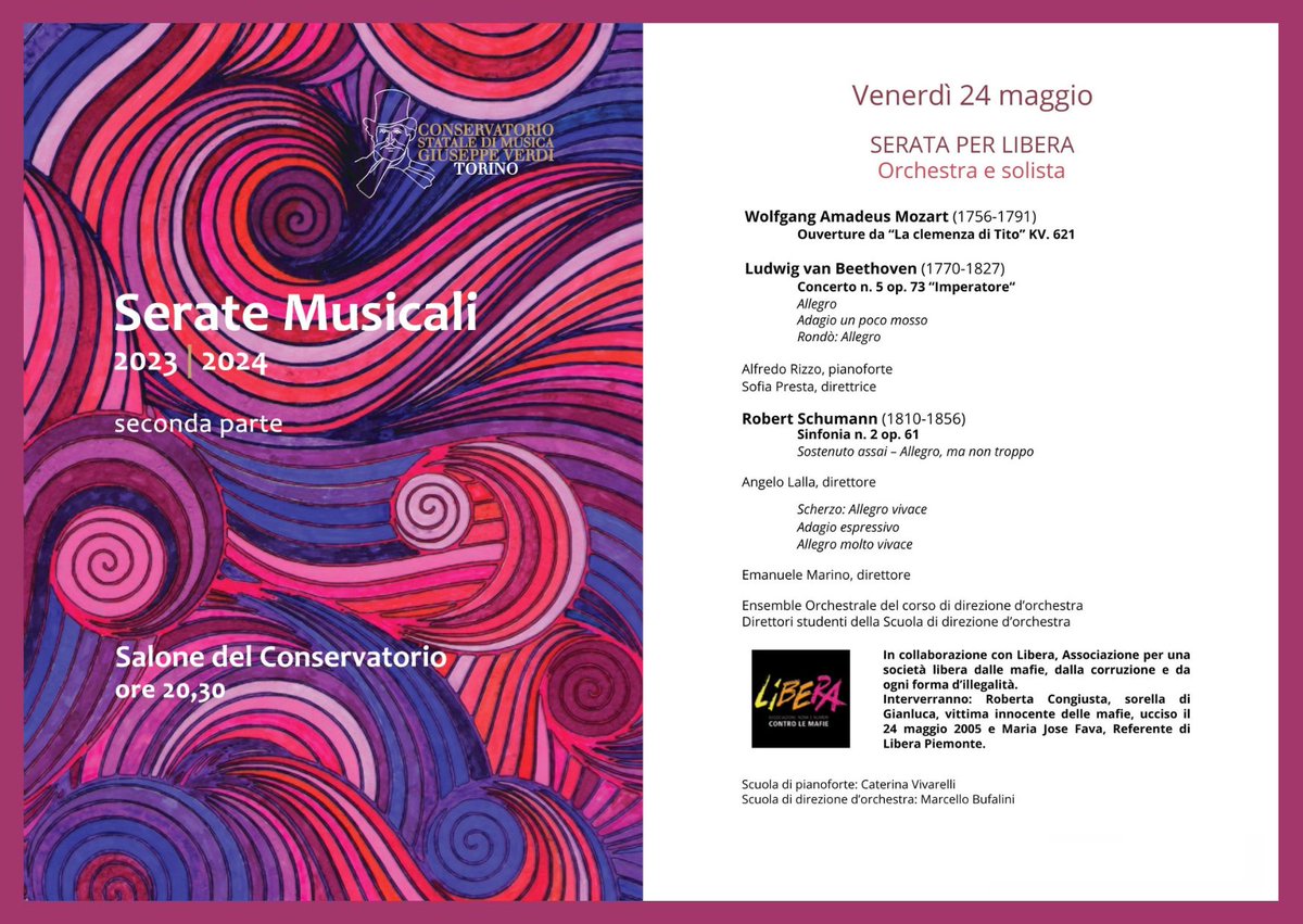 L'Ensemble Orchestrale del corso di Direzione d’Orchestra del #ConservatorioTorino in concerto per Libera, Associazione per una società libera dalle mafie, questa sera venerdì 24 maggio, ore 20.30, vi aspettiamo! @LiberaPiemonte 
conservatoriotorino.smartbooking.me/eventi/