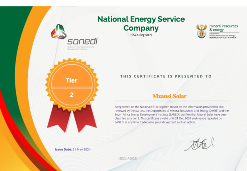 MzansiSolarSol's tweet photo. 🌟 We're excited to announce that Mzansi Solar has received the National Energy Service Company (ESCo) certificate! 🌟
A big thank you to SANEDI and the Department of Mineral Resources and Energy for this recognition. https://t.co/rg2vTnceGe