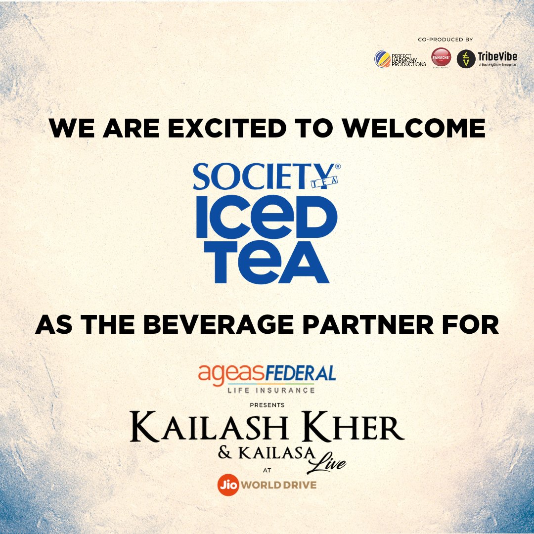 We are excited to welcome @SocietyTea as the beverage partner for Kailash Kher & Kailasa Live 🥳

#Tribevibe #WelcomeOnboard #BeveragePartner #SocietyTea