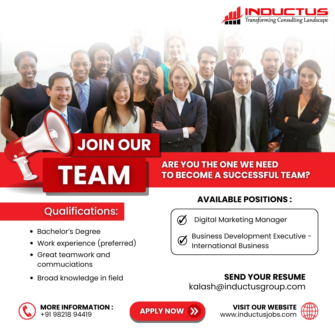 Great opportunity for the Young Professionals Inductus is hiring for the Business Development Executive - International Business, Digital Marketing Manager.

Send Your CV: - kalash@inductusgroup.com
Visit us: - inductusjobs.com

#inductusjobs #inductus #gethired #joinus