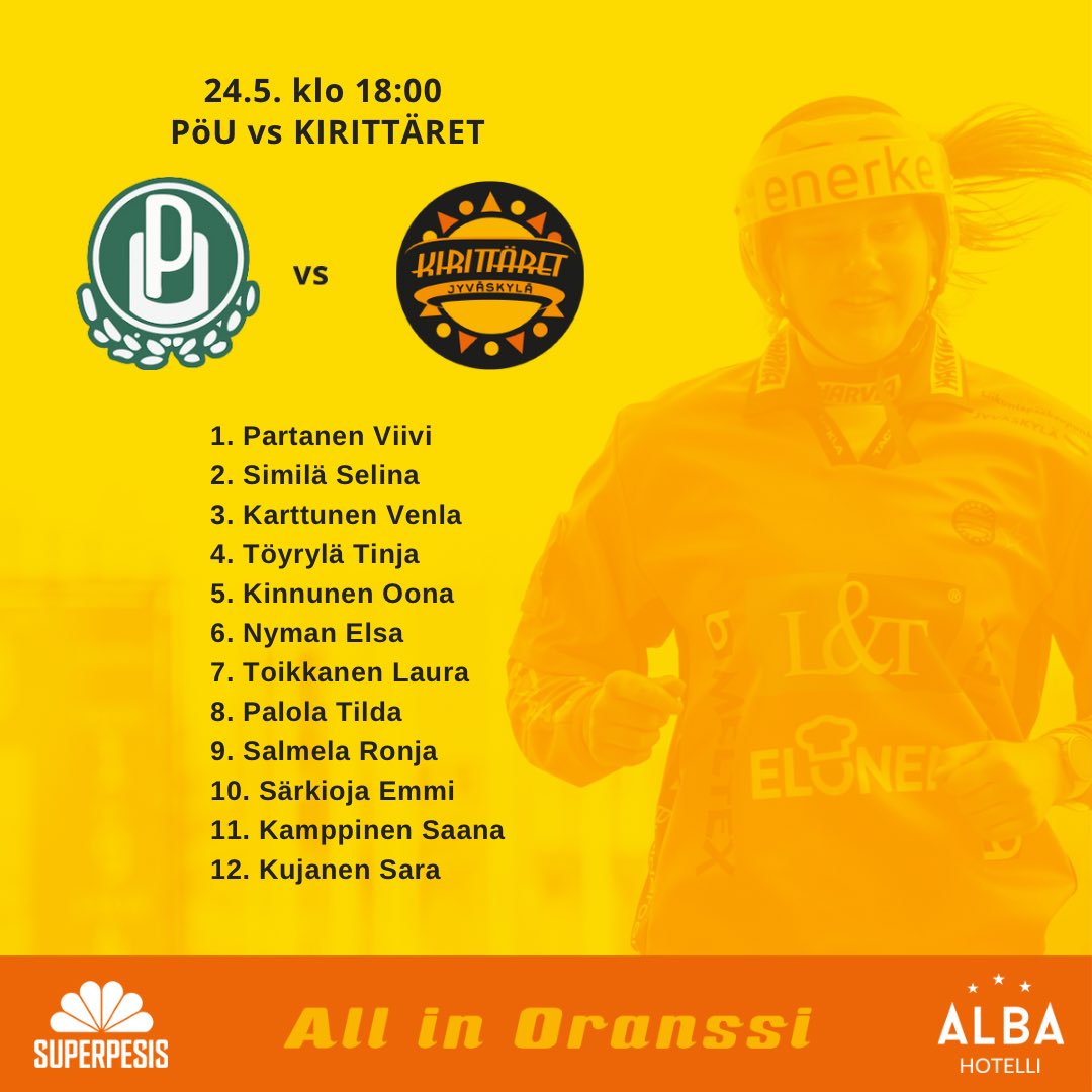Tällä kokoonpanolla viikon toiseen vieraspeliin🔥 Pöytyällä mennään klo 18:00! 

Ottelua pääset seuraamaan Ruutu+ 📺

#AllInOranssi #pesis #jyväskylä #liikuntapääkaupunki #kirittäret