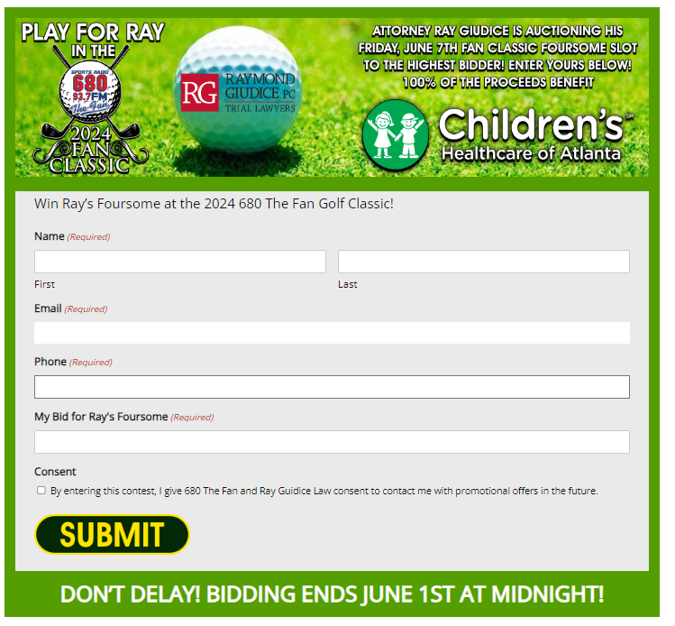 680TheFan's tweet photo. PLAY FOR @raygiudice!⛳️ Ray Giudice is giving away his Friday foursome slot at the 2024 Fan Classic on June 7th! All proceeds will benefit @childrensatl.

BID NOW 🔗 https://t.co/1E50QXMEDh https://t.co/RzcWmIVG1a