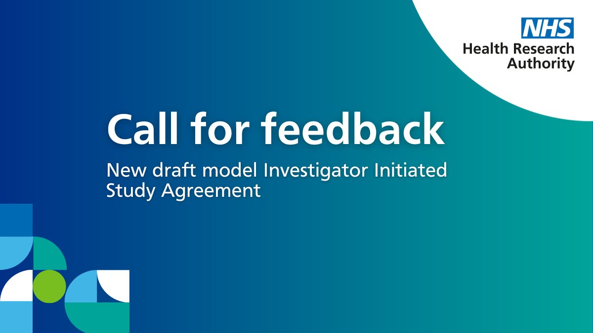 We need your feedback on an early draft of a new model Investigator Initiated Study Agreement. We'd particularly like to hear from any organisations based in the devolved administrations. The window for feedback on the first draft closes on 3 June. (1 of 2)
