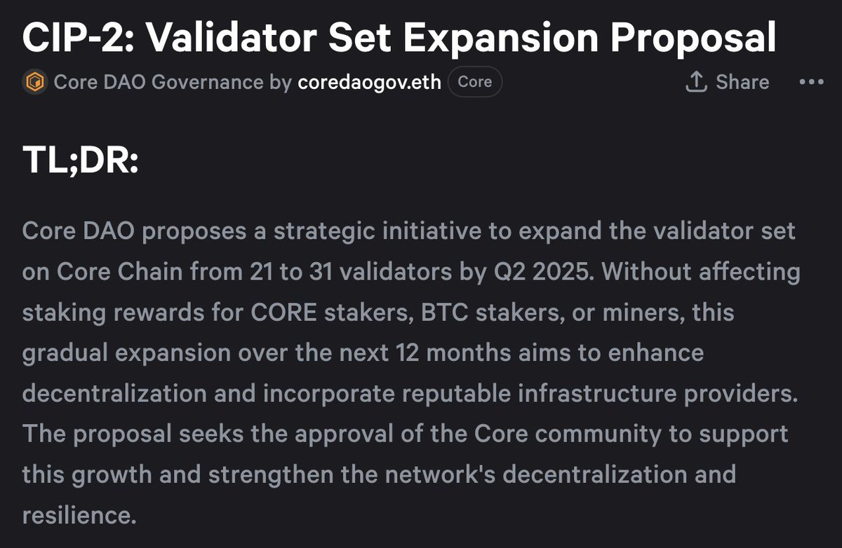 CORE HITS 2,000 BITCOINS STAKED AND PROPOSES MAJOR VALIDATOR EXPANSION - According to @CoreDAO_Org’s own staking dashboard, the network now boasts a staggering 2,000 $BTC staked on the network, with an approximate value of some $135 million. - The statistic is especially