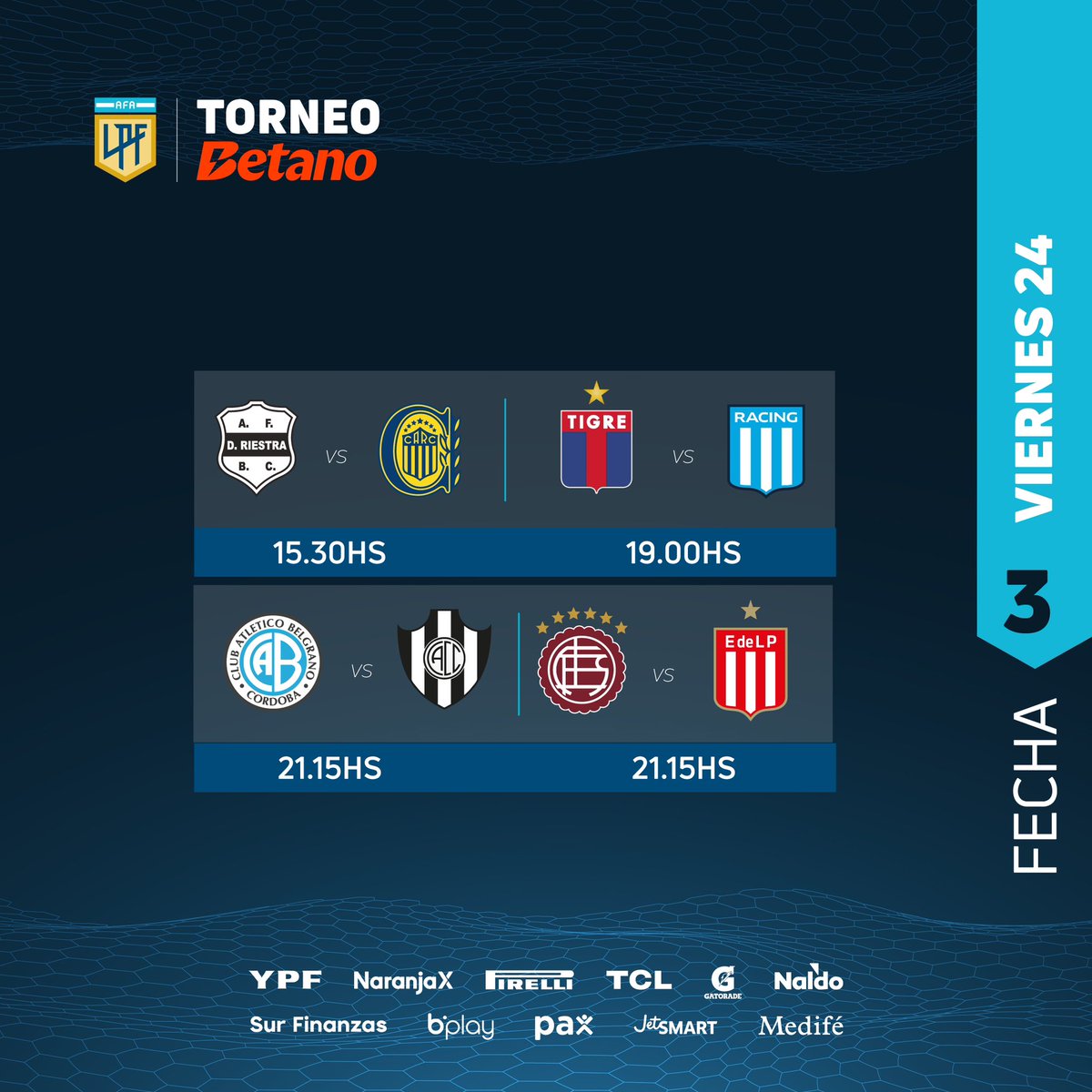 #TorneoBetano 2024 🏆 ⚽️ @prensariestra 🆚 @RosarioCentral ⏰ 15.30 ⚽️ @catigreoficial 🆚 @RacingClub ⏰ 19.00 ⚽️ @Belgrano 🆚 @cacc_sde ⏰ 21.15 ⚽️ @clublanus 🆚 @EdelpOficial ⏰ 21.15