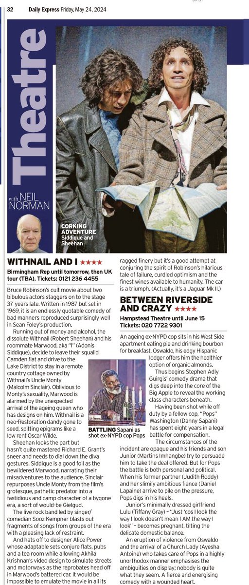 Friday after the end of a long week. Here’s my theatre column that looks calmly at #WithnailandI @BirminghamRep and #BetweenRiversideandCrazy @Hamps_Theatre