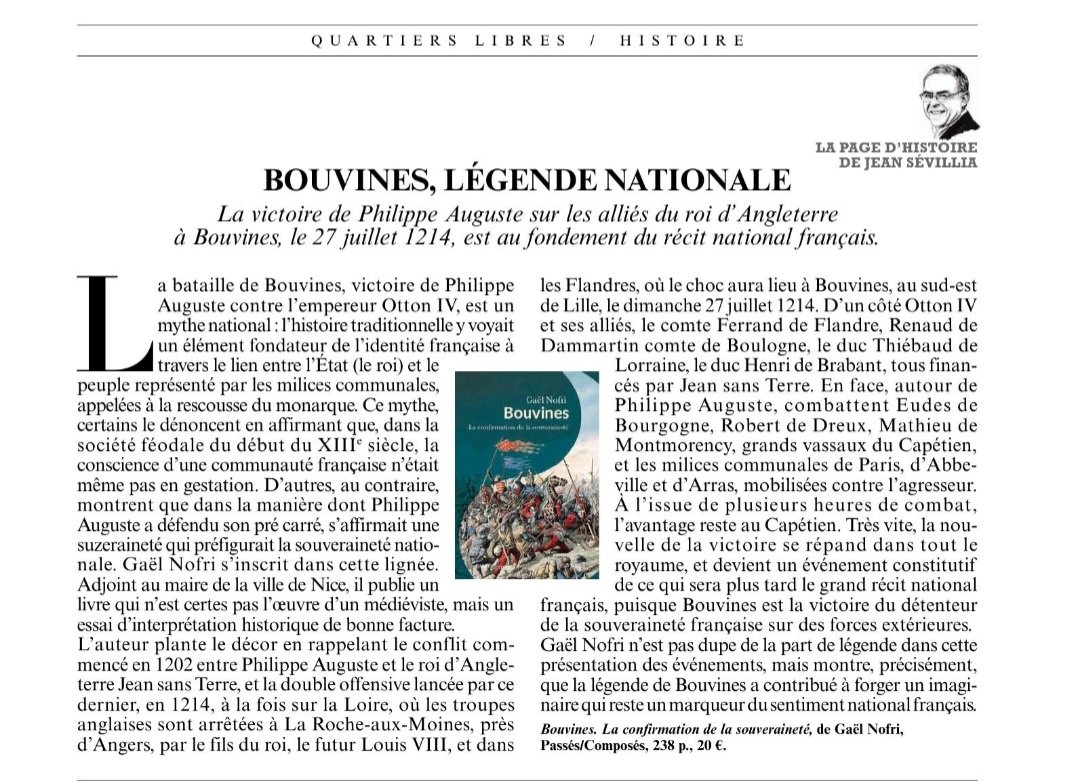 Merci à @jeansevillia et au @FigaroMagazine_ pour ce bel article consacré à mon livre 'Bouvines, la confirmation de la souveraineté' aux Éditions @PComposes.
