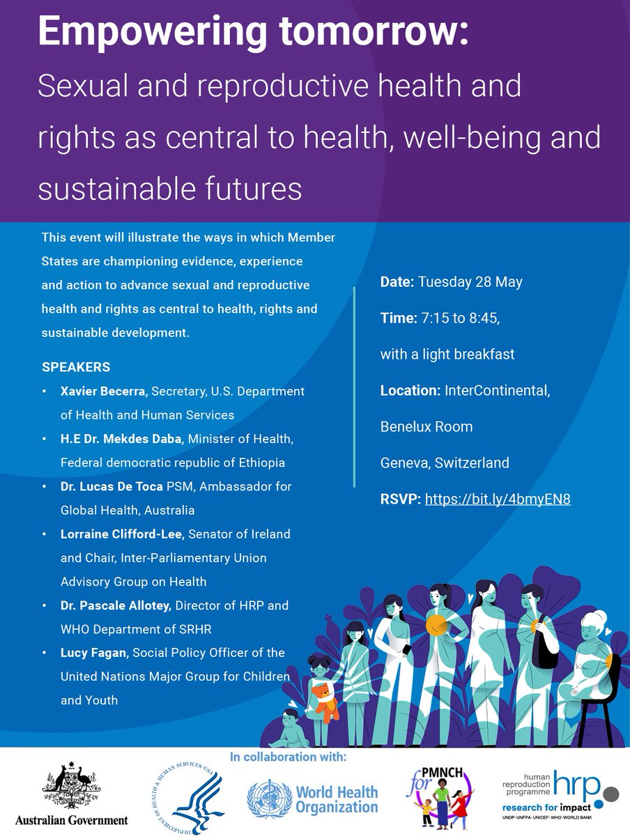 Come hear how member states are centralizing #SRHR now & in the future. Empowering tomorrow: SRHR as central to health, well-being and sustainable futures 28 May // 7:15AM (w/breakfast) // Intercontinental, Geneva Register:  bit.ly/4bmyEN8 #WHA77