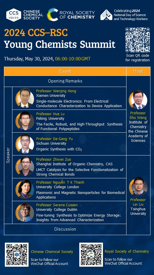 The @ChineseChemSoc & @RoySocChem Young Chemists Summit is next week with many great talks including @nanoscale_rsc Associate Editor Nguyen TK Thanh @goldenthanh and @JMaterChem A Scientific Editor Serena Cussen! All lectures will be given in English sign up with the QR code 👇