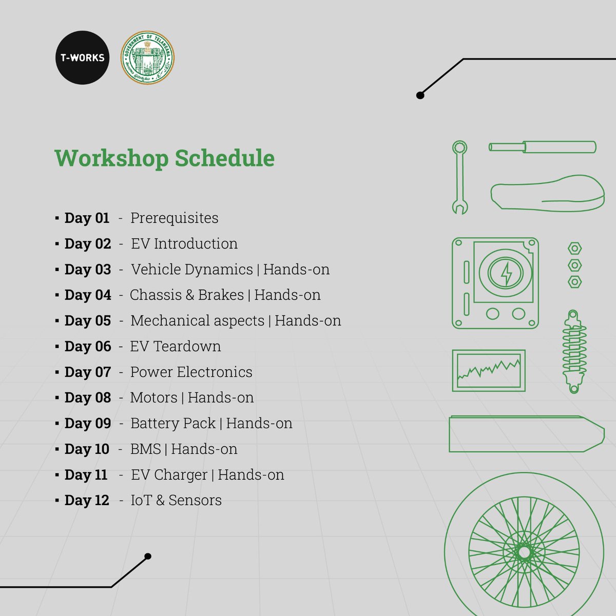 Does EV excite you? Join us at T-Works for our comprehensive 2-week EV workshop on designing and engineering Electric Vehicles. June 10 - June 22, 9am-1pm daily at T-Works, Hyderabad. Register NOW! Be part of the future of mobility! growezy.club/tworks/events/… #Tworks