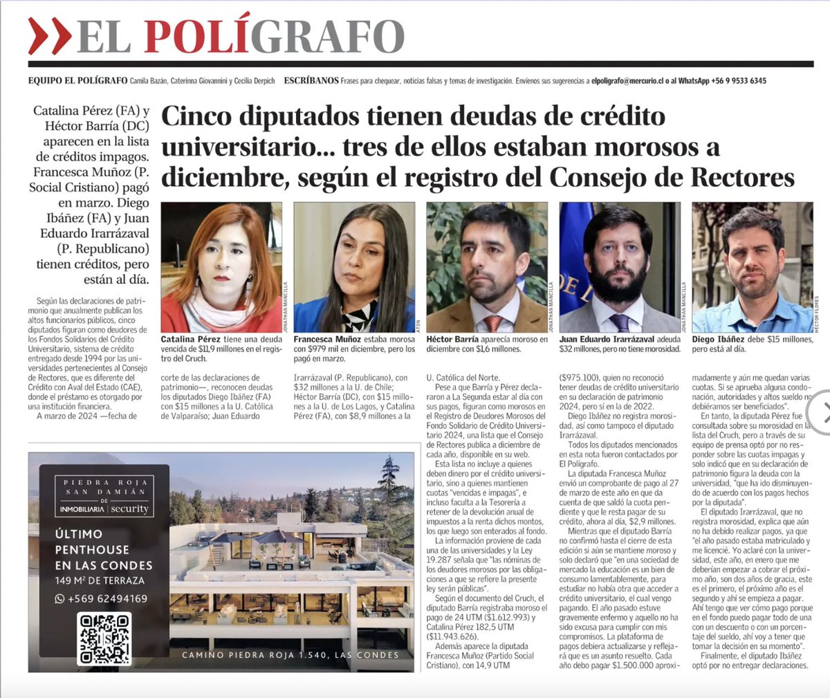 Cinco diputados tienen deudas de crédito universitario... tres de ellos estaban morosos a diciembre de 2023, según el registro del Consejo de Rectores