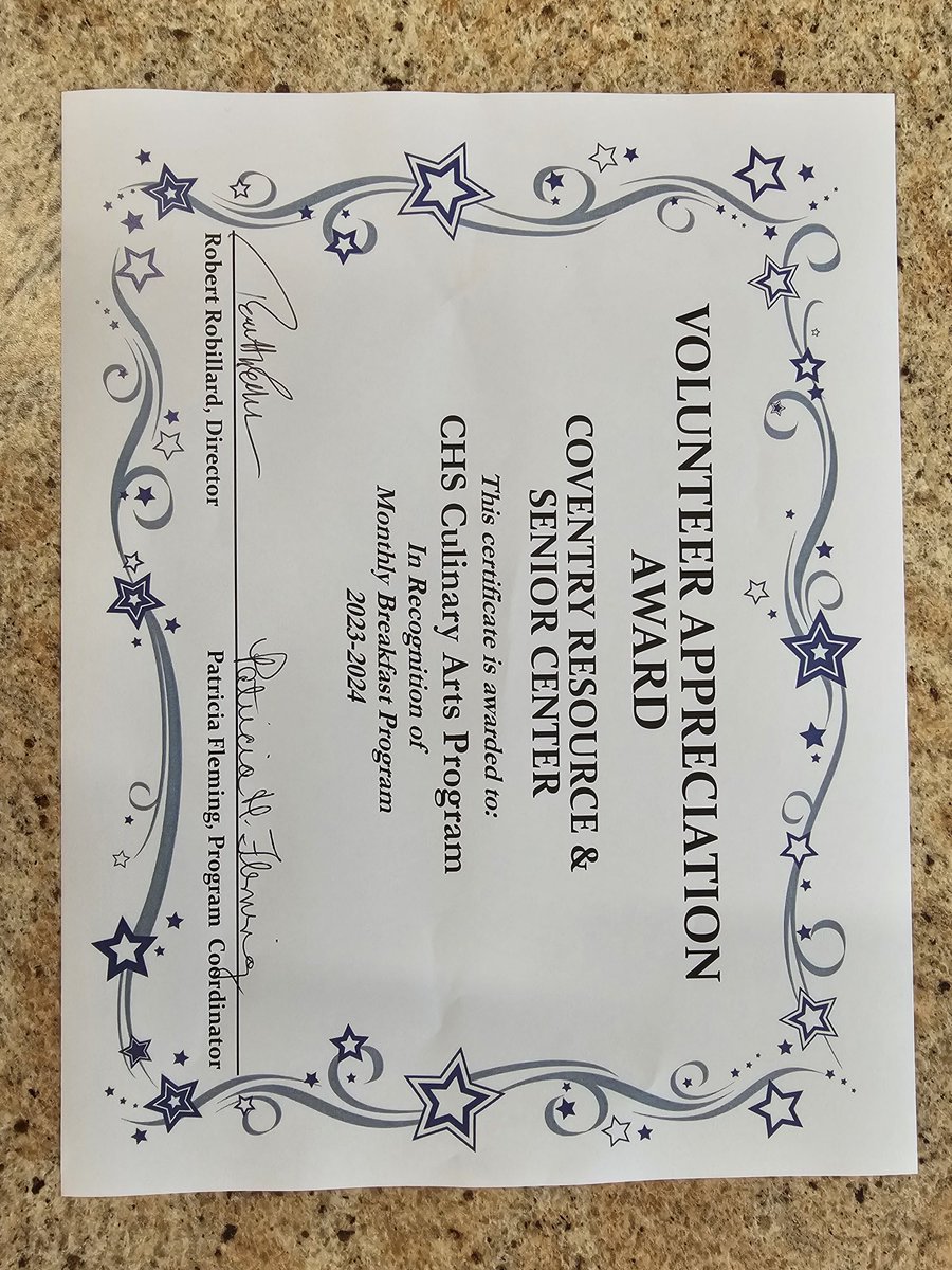 Today our Culinary chefs and students were recognized for their service all year providing breakfast at the Senior Center for our community. Great worked leaning experience. <a href="/CoventryOakers/">Coventry High School</a> <a href="/coventryschools/">Coventry Schools RI</a>