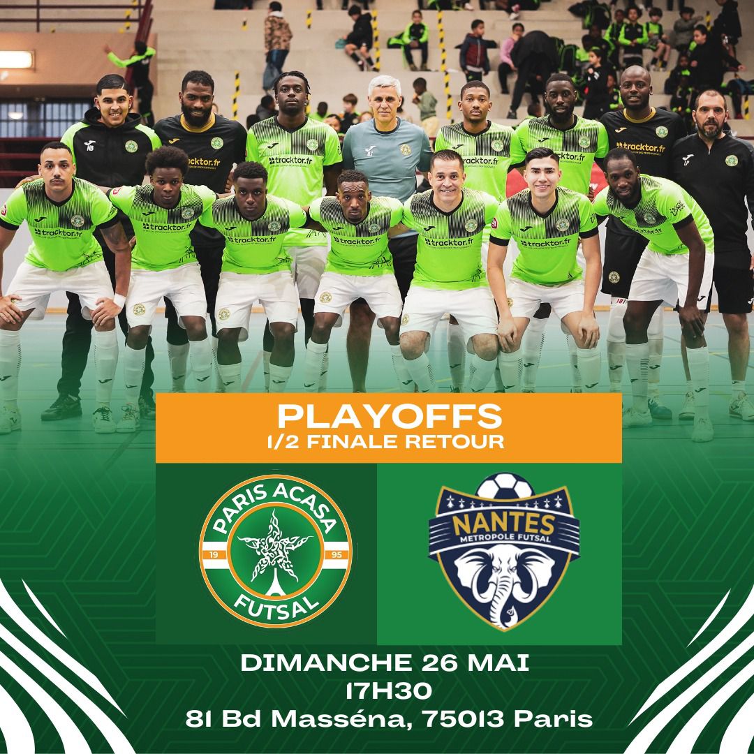 Le Paris Acasa Futsal accueille <a href="/nmfFutsal/">NantesMetropoleFutsal</a> à la Halle CARPENTIER ce 26 mai à 17h30 pour la demi-finale retour des playoffs de D1 Futsal.
 
Les clubs franciliens bénéficient d’une entrée gratuite par demande à l’adresse suivante avant le 25 mai à 18h : contactparisacasa@gmail.com.