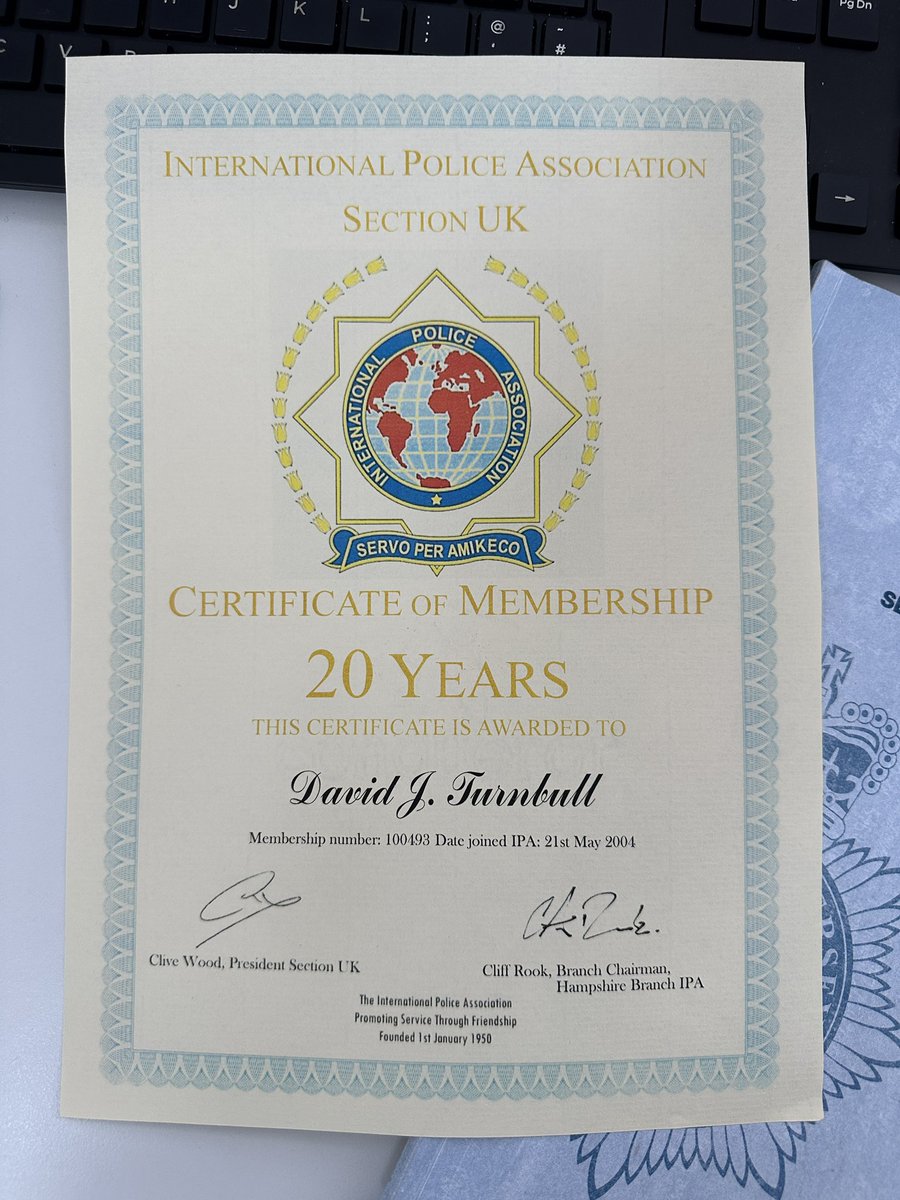 A nice surprise from our local IPA secretary - 20 years of @ipaiac @uk_ipa membership - can’t recommend this Association enough having met a number of Police colleagues from Germany 🇩🇪 over the years on my trips - #policingfamily