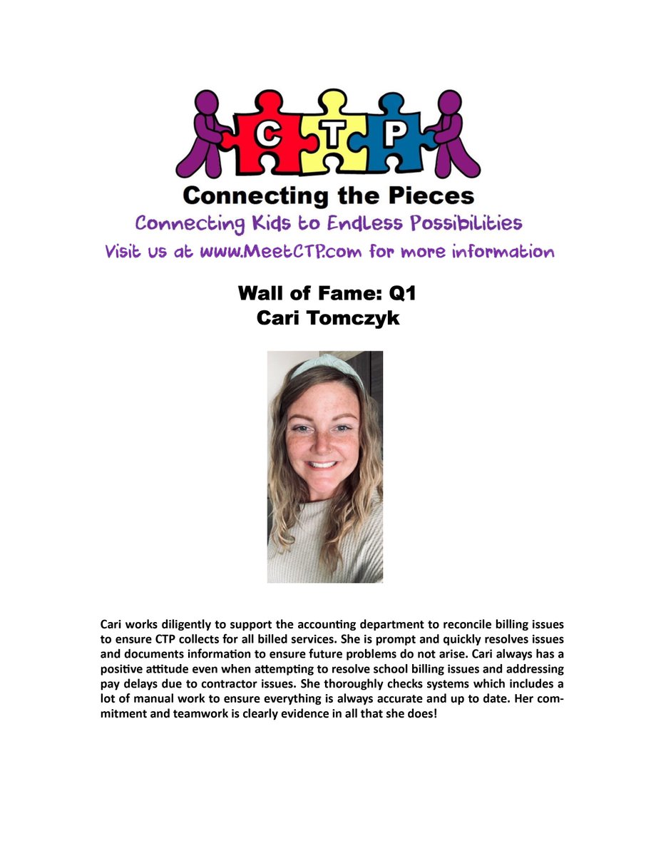 MeetCTP's tweet image. Congratulations to one of our amazing Supervisors, Cari Tomczyk, for her Wall of Fame win. Cari is a superb employee who goes above &amp;amp; beyond to make sure providers are supported, key administrative tasks are completed, and reports and data are accurate. #greatemployees  #MeetCTP