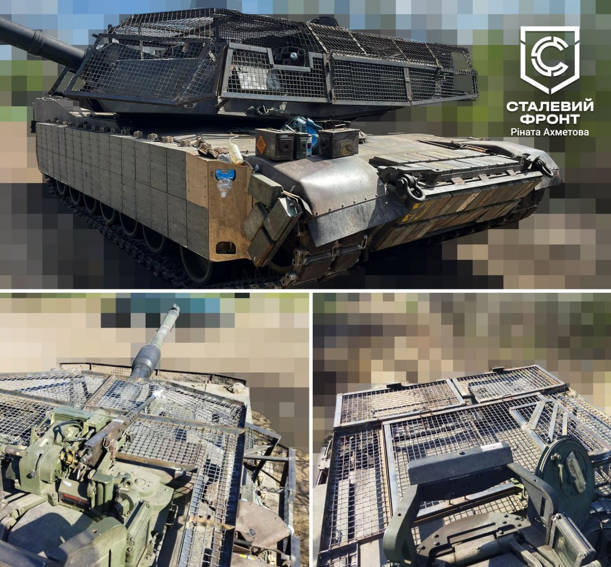 Ukraine's domestic steel producer Metinvest is adding combat proven anti-drone protection they call Steel Front to T-72, T-64, and Abrams tanks. 7 Abrams tanks now have this modification on the front. The system was developed jointly with the military.