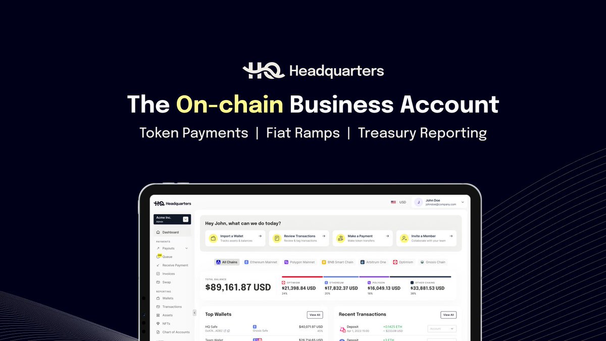 gnosisbusiness's tweet photo. Introducing: Headquarters, The On-chain Business Account.

Own the way you do business, and have the freedom to move money, however you want.

Here's what that means🧵 https://t.co/FnMHm1s3Lx