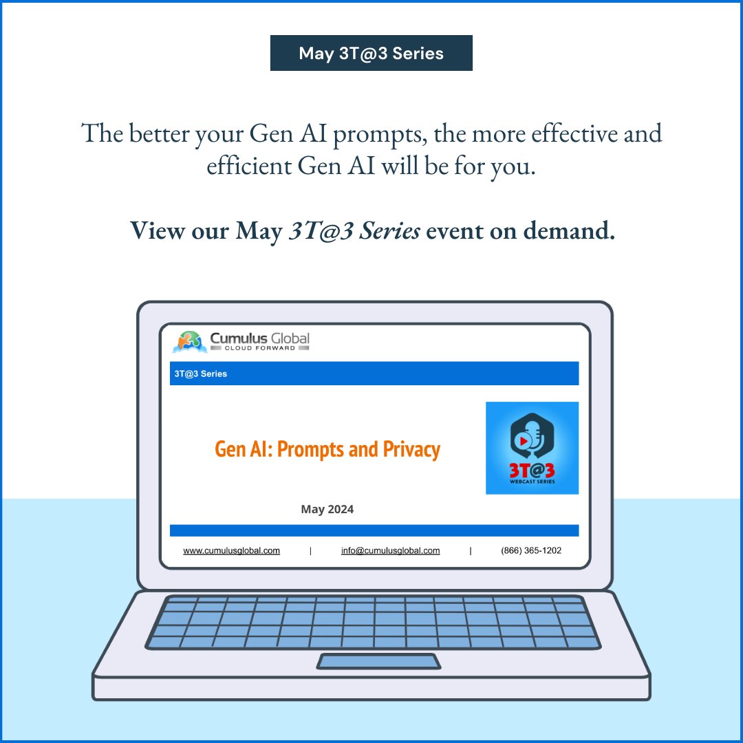 Couldn't attend our May 3T@3 Series event on Gen AI, Prompts, and Privacy? It’s now available for you to watch on demand: hubs.ly/Q02ygfPL0 

#ManagedCloudServices #ManagedSecurity #Cybersecurity #GenAI #SMB