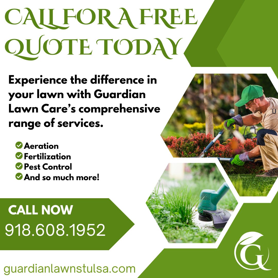 Ready to give your lawn the VIP treatment it deserves? Call us today for a quote at 918.608.1952, and let's make your lawn dreams a reality! 

#GuardianLawnCare #GetAQuoteToday