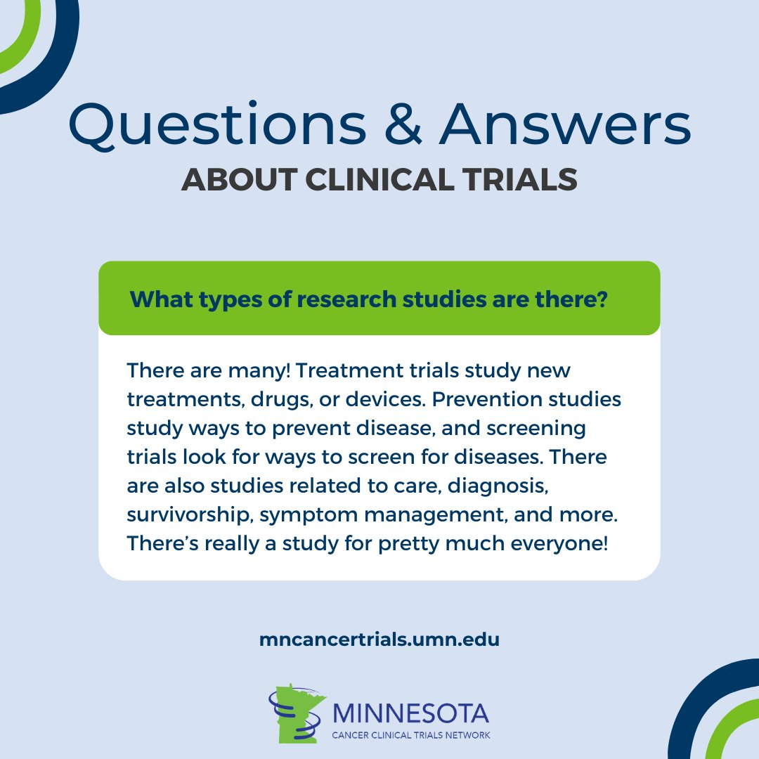 One of the best things about research is the many studies available. That means there is basically a study for everyone! The type of study depends on the goal, participants involved, and more. Learn more on the #MNCCTN blog: cancer.umn.edu/mncctn/news/al… #ClinicalTrialsDay #CTD2024