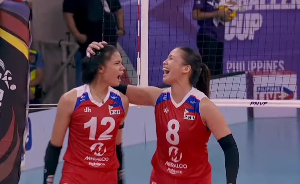 defnotdeang's tweet photo. I can't believe that this two will be one as a teammates in national team!nakaka proud as a fan of this two,seeing them from uaap season 85 being alies (ust&amp;dlsu) but now look at them, they are now one as teammates fighting to get the gold for Philippines!🇵🇭
#AVCChallengeCup2024 https://t.co/mbsoB23dBl