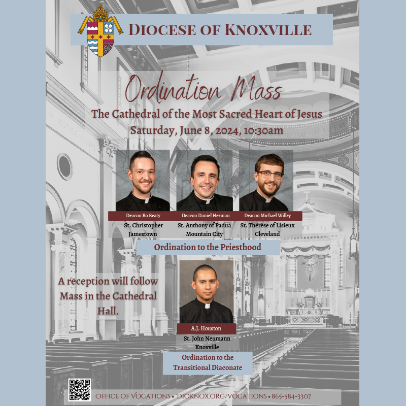 knoxdiocese's tweet image. Three men will be ordained to the priesthood and one will be ordained to the transitional diaconate on June 8, at 10:30 a.m. at the Cathedral of the Most Sacred Heart of Jesus.

Please pray for these men as they prepare to serve the Church in #dioknox. 🙏