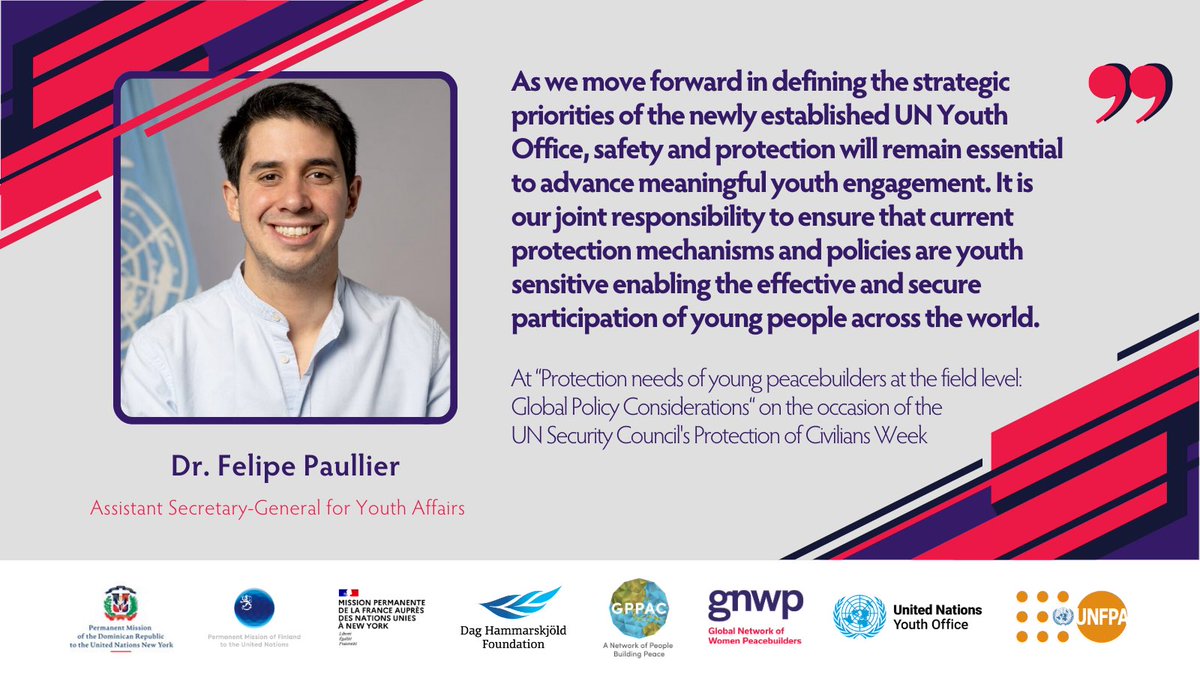 @RDenONU @GPPAC @mcfarlaneUNFPA @UNFPA @CompactYouth @UNDP_Lebanon @Abhoudit .@felipepaullier calls UN🇺🇳 entities + MS to further strengthen the protection⛑️ of #Youth4Peace as existing mechanisms are under-resourced🚫 🚨 He also highlighted the lack of a global🌐 protection mechanism & how timely emergency🆘 support remains inaccessible + non-flexible