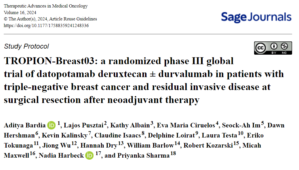 🔬 New phase III trial TROPION-Breast03 evaluates the efficacy of datopotamab deruxtecan (Dato-DXd) ± durvalumab in treating TNBC patients with residual invasive disease post-surgery. Led by Associate Editor @dradityabardia. Learn more: journals.sagepub.com/doi/full/10.11… #BreastCancer