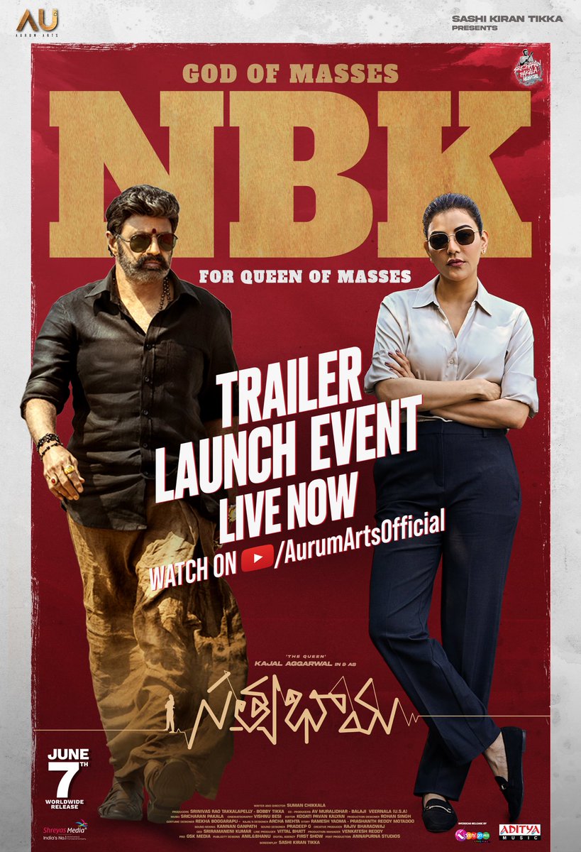 Watch the Grand Trailer Launch of #Satyabhama with #NandamuriBalaKrishna Garu live now ❤️‍🔥 ▶️ youtube.com/live/w2VhFhgsg… #SatyabhamaTrailer today at 7:46 PM #SatyabhamaFromJune7th '𝐐𝐮𝐞𝐞𝐧 𝐨𝐟 𝐌𝐚𝐬𝐬𝐞𝐬' @MSKajalAggarwal @Naveenc212