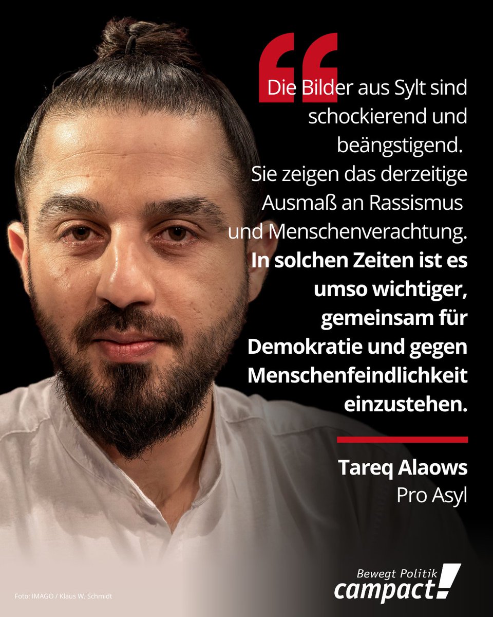 Tausend Ausrufezeichen hinter das, was <a href="/Tareq_Alaows/">Tareq Alaows</a> sagt!!

Die Szenen aus dem #Sylt-Video sind verstörend. Und gleichzeitig  wissen wir: Sie sind kein Einzelfall. Wir dürfen als Gesellschaft nicht  wegschauen.

Jetzt mehr denn je: Geht auf die Straße ➡️ rechtsextremismus-stoppen.de