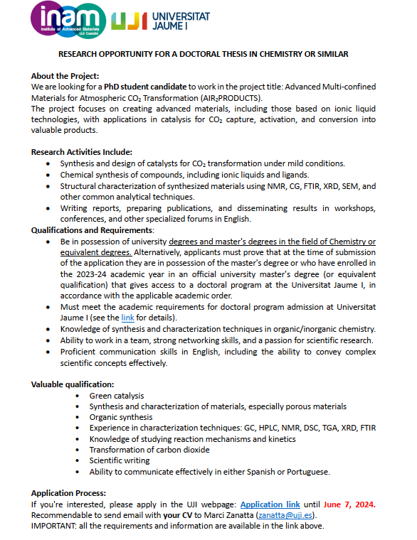 Marci Zanatta (@marci_zanatta) on Twitter photo PhD Opportunity in Chemistry at <a href="/UJIuniversitat/">Universitat Jaume I</a>.
Know anyone who might be interested in joining our research team to develop advanced materials for CO2 capture and conversion? Please share with them! <a href="/inam_uji/">INAM UJI</a> <a href="/vss31/">Victor Sans</a> <a href="/rosa_llusar/">Rosa Llusar</a>
uji.es/seu/info-adm/t… PhD Opportunity in Chemistry at <a href="/UJIuniversitat/">Universitat Jaume I</a>.
Know anyone who might be interested in joining our research team to develop advanced materials for CO2 capture and conversion? Please share with them! <a href="/inam_uji/">INAM UJI</a> <a href="/vss31/">Victor Sans</a> <a href="/rosa_llusar/">Rosa Llusar</a>
uji.es/seu/info-adm/t…