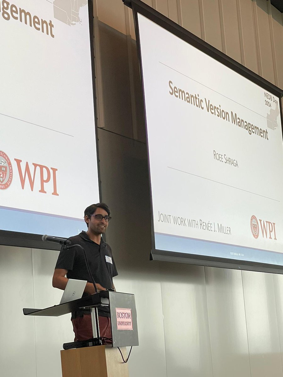 It was a pleasure representing <a href="/WPI/">WPI</a> at #NEDB2024  talk about Semantic Version Management, a joint work with Renée J. Miller <a href="/KhouryCollege/">Khoury College of Computer Sciences</a> (soon <a href="/UWaterloo/">University of Waterloo</a>). I talked about our #VLDB23 paper (vldb.org/pvldb/vol16/p1…) and future directions. My final message is #BringThemHomeNow!
