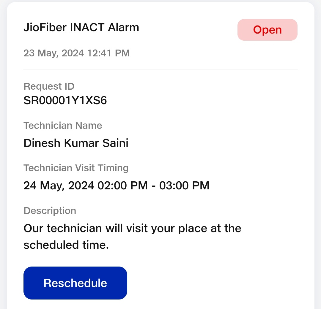 Dear @JioCare @reliancejio , this is the third service request since yesterday. I kept waiting for the technician today, as per your email. But no one turned up. When I raised the request again through My Jio app, I was given an appointment two days later. The Fibre service has